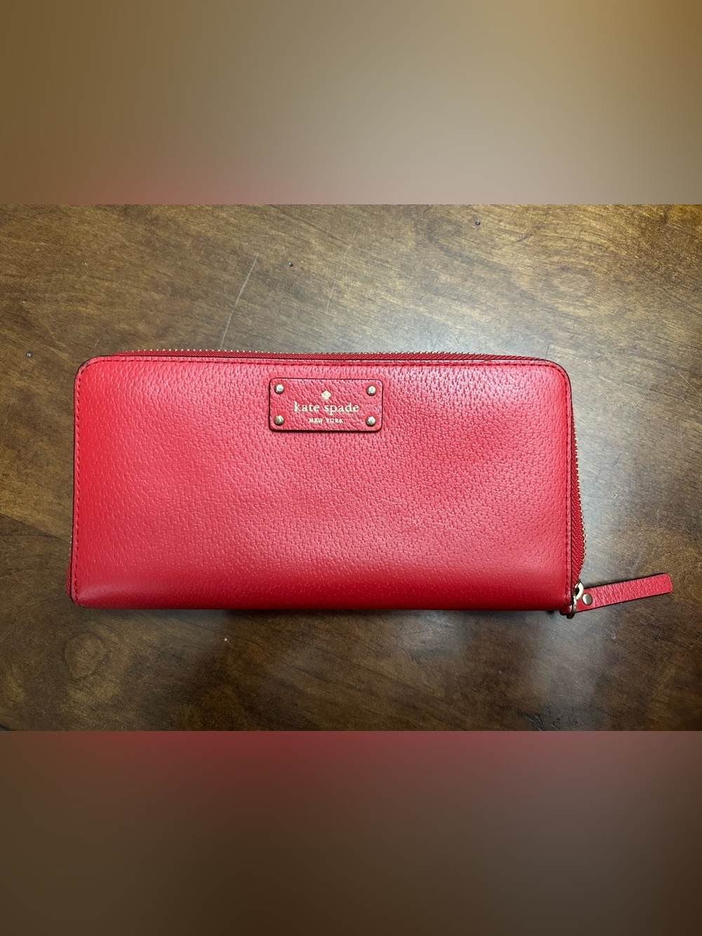 Kate Spade Red Zip-Around Leather Wallet with Gold Logo